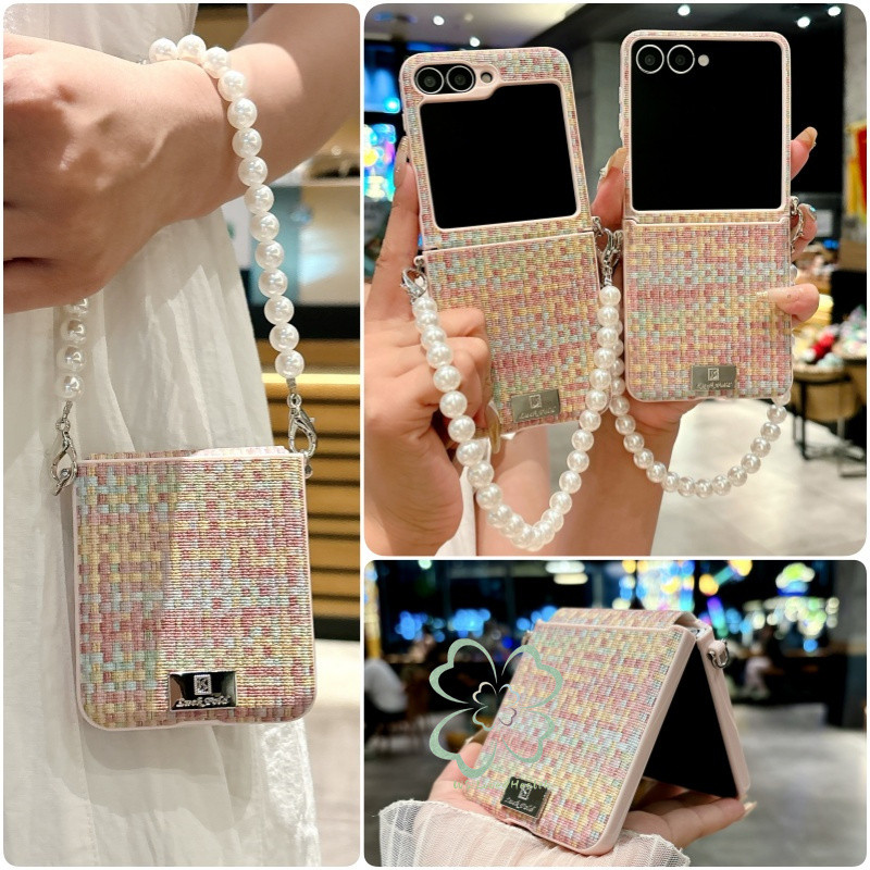 แฟชั่นรูปแบบทอหนังบานพับสําหรับ Samsung Galaxy Z Flip 7 Z Flip 6 Z Flip 5 Z Flip4/3 ฝาครอบสร้อยข้อมือลูกปัด
