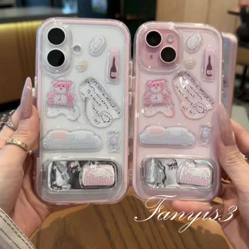 3-in-1 Candy สี Bezel เคสโทรศัพท์สําหรับ IPhone 16 15 14 13 12 11 Pro Max 7 8 Plus XR XS Max DIY สติกเกอร์น่ารักกระจกวงเล็บ Drop-proof Meteorite ปกอ่อน