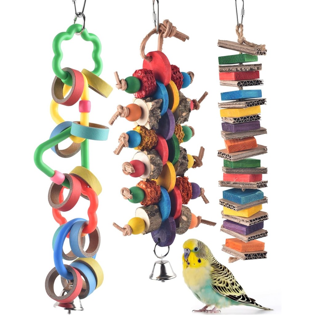 Bissap 3 PCS Bird Chew ของเล่น,หลากสี Bagel Cascade Bird Parrot ของเล่นกัดกระดาษกระดาษแข็งแหวนโอลิมป
