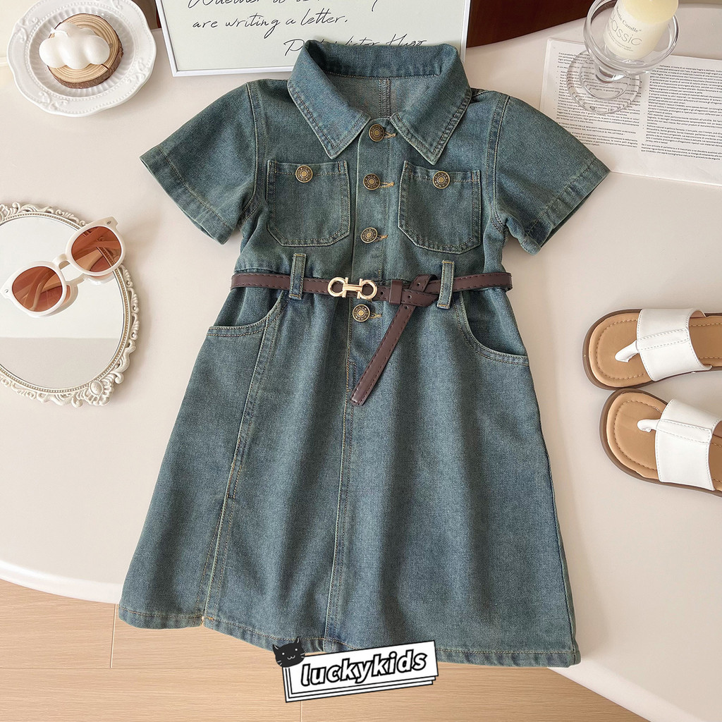 ชุดยีนส์แขนสั้นสไตล์เกาหลีสำหรับเด็กสาว มาพร้อมกระเป๋าและเข็มขัด