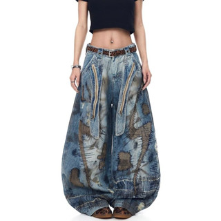 กางเกงยีนส์ทรงหลวม retro มีเข็มขัดลายเสือดาว เหมาะสำหรับใส่ล…