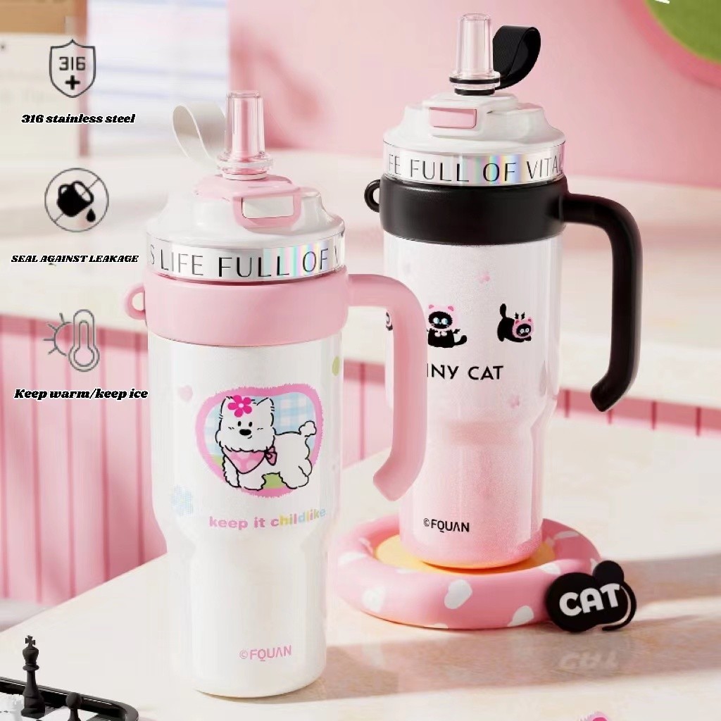 FQUAN ความจุขนาดใหญ่กระติกน้ําร้อนถ้วยผู้หญิง 316 สแตนเลสฟางถ้วยแบบพกพาฉนวนกันความร้อนถ้วยน้ําทําควา