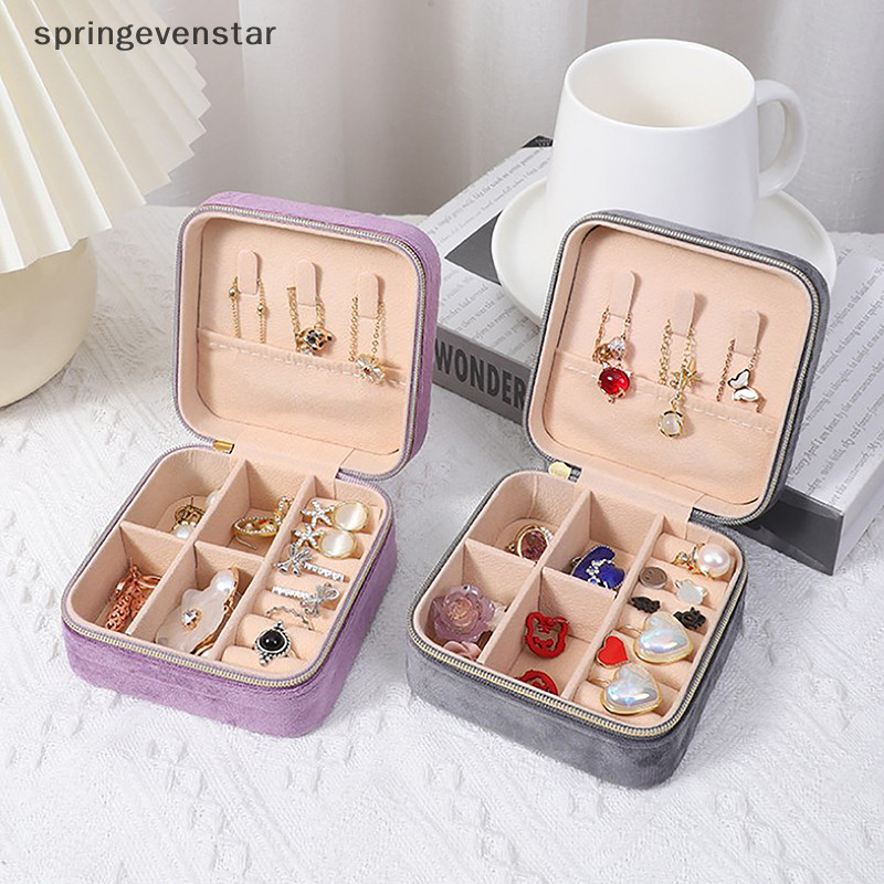 Springevenstar กล่องเครื่องประดับกํามะหยี่เดินทางแบบพกพา Flannel Square Zipper สไตล์ Jewellery Storage Case แฟชั่นผู้ถือของขวัญแหวนผู้ถือต่างหู Springevenstar