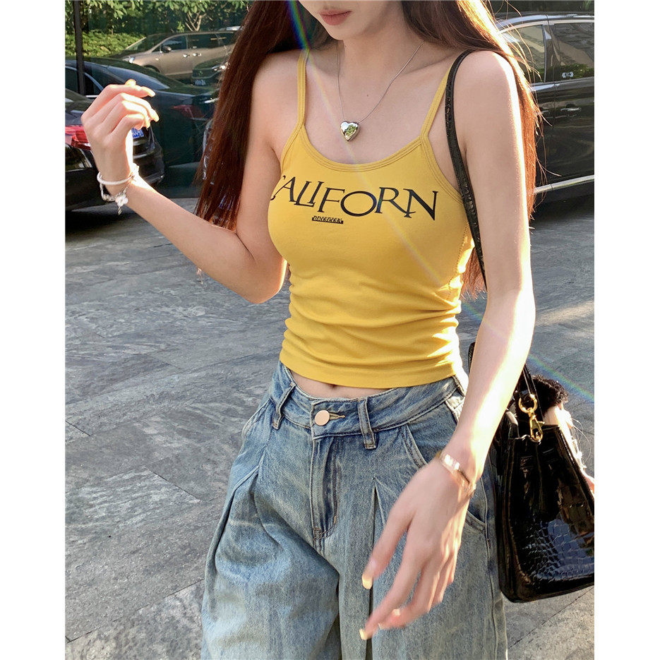 💓Evelyn💓เสื้อสายเดี่ยว มีฟองน้ำ พิมพ์ลาย สไตล์ เสื้อครอป y2k  ใส่สบาย แซ่บๆ แฟชั่นฤดูร้อน
