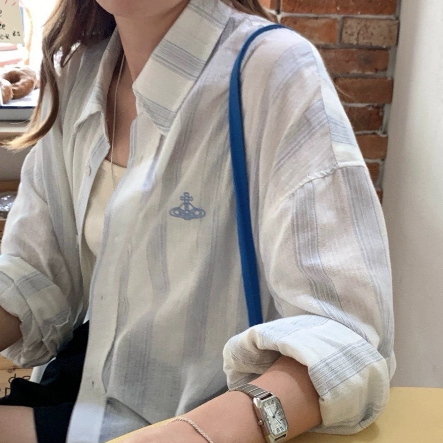Vivienne Westwood Saturn เย็บปักถักร้อยอเนกประสงค์หลวมเสื้อลายสก๊อตเสื้อแขนยาวป้องกันแสงแดด