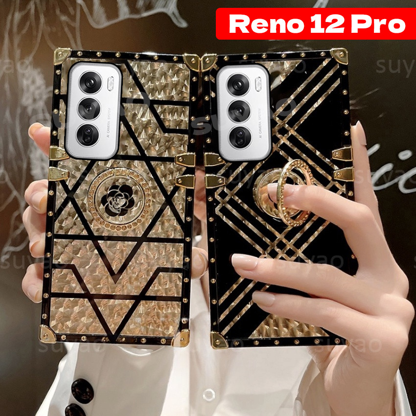สําหรับoppo Reno 12 11 F Pro 12Pro 5G 2024 เคสโทรศัพท์แหวนขาตั้งสแควร์หรูหราReno12 Reno12Pro Reno11 Phantomเงาเพชรดอกไม้ยึดปลอกป้องกันกันกระแทกปกหลัง