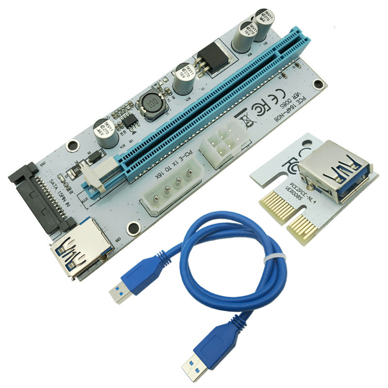 008S PC PCIe PCI-E PCI Express Riser การ์ด 1x ถึง 16x USB 3.0 สายเคเบิลข้อมูล SATA ถึง 4Pin IDE Mole