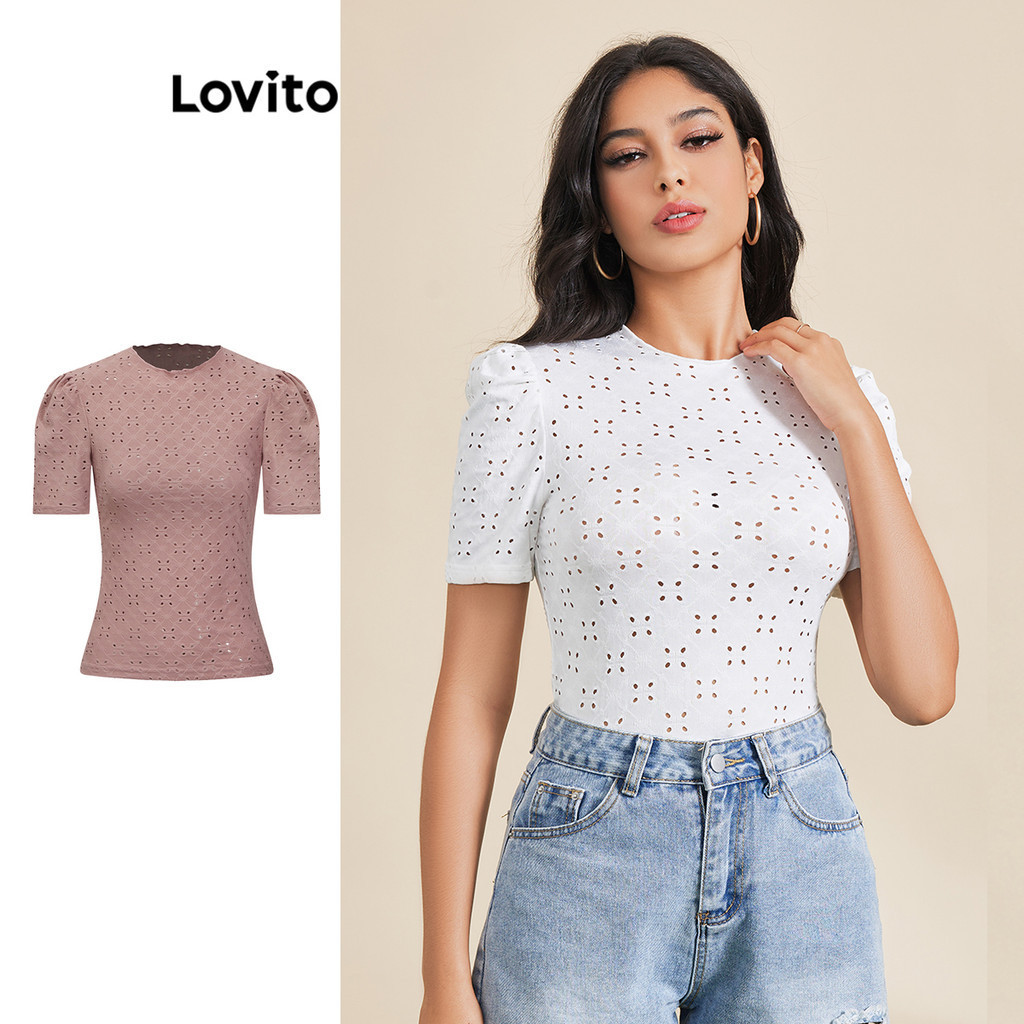 Lovito เสื้อยืด หรูหรา เสื้อลายดอกไม้ แขนพอง สำหรับสตรี LBE03064 (หลากสี)