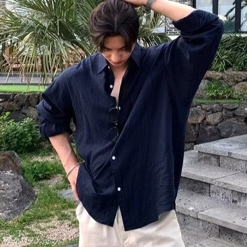 พอล ฟิตเซราลด์ เสื้อเชิ้ตแขนยาวสีขาวสําหรับผู้ชายญี่ปุ่นฤดูร้อนออกแบบหลวมสบายๆสีทึบเสื้อ