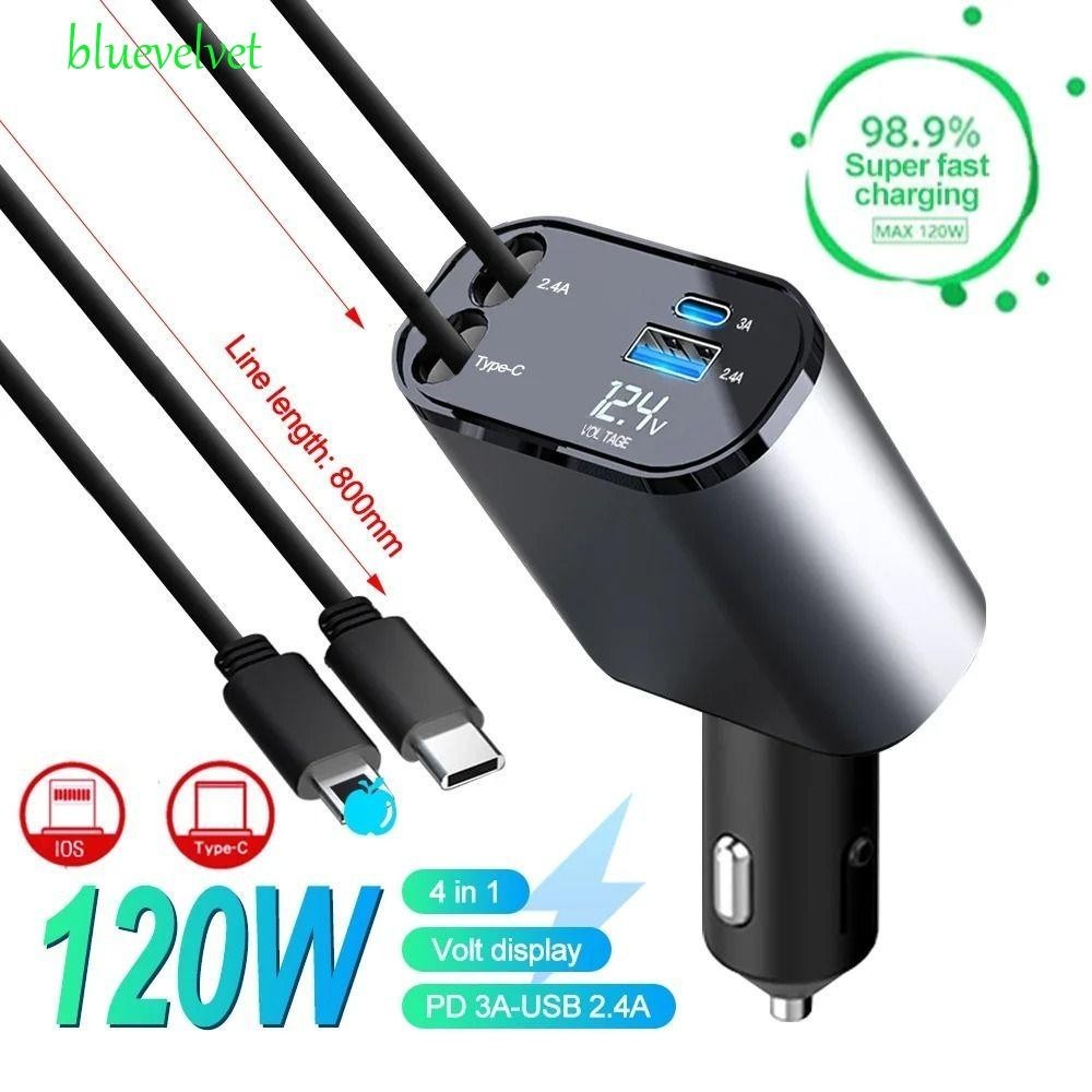 Bluevelvet ที่ชาร์จแบตในรถ, 4 in 1 120W Fast Charger เครื่องชาร์จโทรศัพท์ในรถยนต์, นํากลับมาใช้ใหม่ได้ 80 ซม. สายแบบพับเก็บได้ Universal USB และ Type-C ช่องเสียบเครื่องชาร์จอัตโนมัติ Part Car