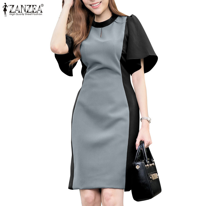 ZANZEA ซานเซีย ชุดเดรสสะโพกเอวคอกลมแขนสั้นหรูหราเกาหลีสําหรับผู้หญิง