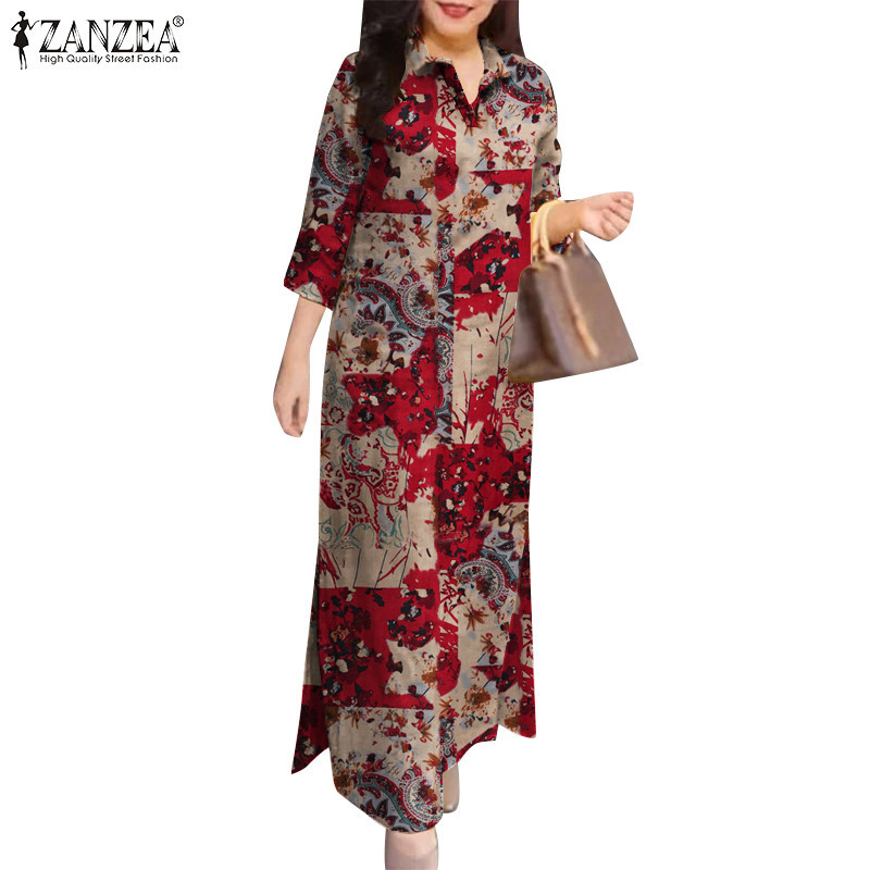 Zanzea ชุดเดรสเสื้อเชิ้ตความยาวข้อเท้าครึ่งแขนสไตล์วินเทจสําหรับผู้หญิงทุกวัน