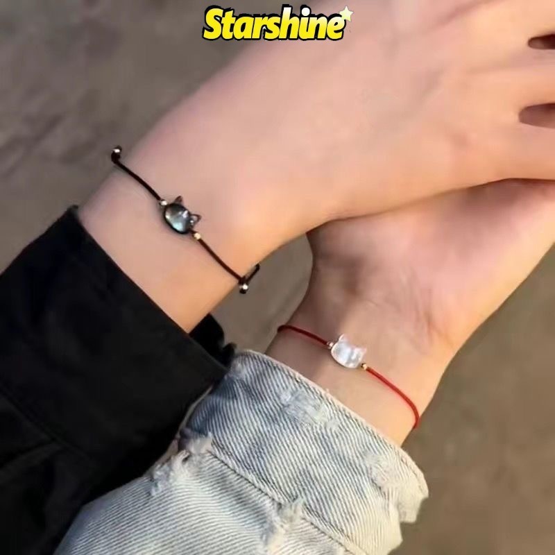คู่เชือกมือของขวัญวันวาเลนไทน์เครื่องประดับหัวแมวสร้อยข้อมือถักเปลือกแมวมือโซ่ปรับทําด้วยมือการ์ตูนน่ารักมูนสโตน ออบซิเดียน