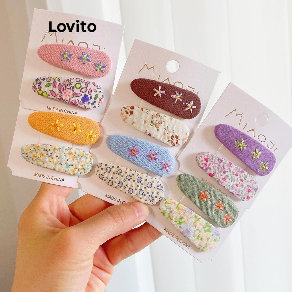 Lovito กิ๊บติดผมผู้หญิง ปักลายดอกไม้ ปักตาไก่ สไตล์ลำลอง 2 ชิ้น LFA16574