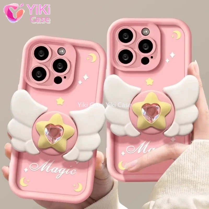 สําหรับ iPhone 15 Pro Max 14 Plus 13 Mini 12 11 X XS XR 7 8 Plus SE 6S 6 3D Magic Wing วงเล็บสีชมพู Multistep นุ่มเคสโทรศัพท์ – โปรปัง