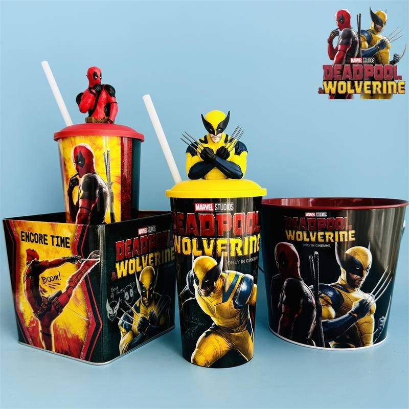 Deadpool & Wolverine Cinema ถ้วยน้ําต่อพ่วง ถังป๊อปคอร์น, ถ้วยตุ๊กตาฟาง Deadpool & Wolverine, ของสะส