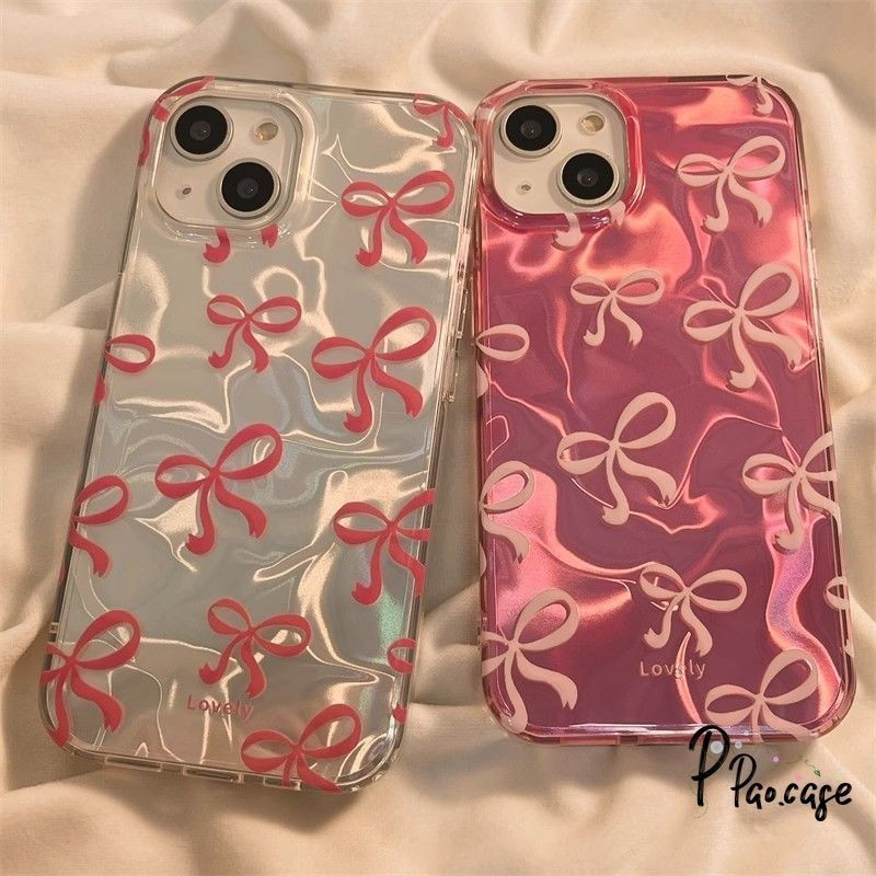 เคสโบว์น้ำสีชมพูอ่อนเข้ากันได้กับ IPhone 16 13 11 7Plus 15 14 12 Pro Max XR 15 8 14 6 6s Plus X XS Max ฝาครอบเปลือกอ่อน