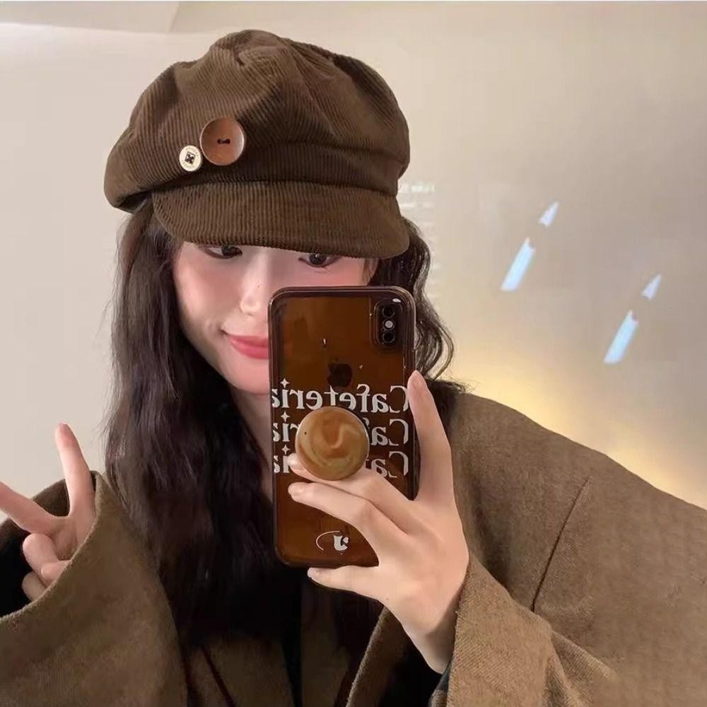 ผิง ผ้าลูกฟูกหมวกเบสบอล,ให้อบอุ่นปุ่มคู่ตกแต่งหมวกแปดเหลี่ยม,ที่เรียบง่าย กันลม หมวกเบเรต์ ปรับหนังสือพิมพ์หมวกสําหรับผู้หญิงสาว - รูปที่ 4