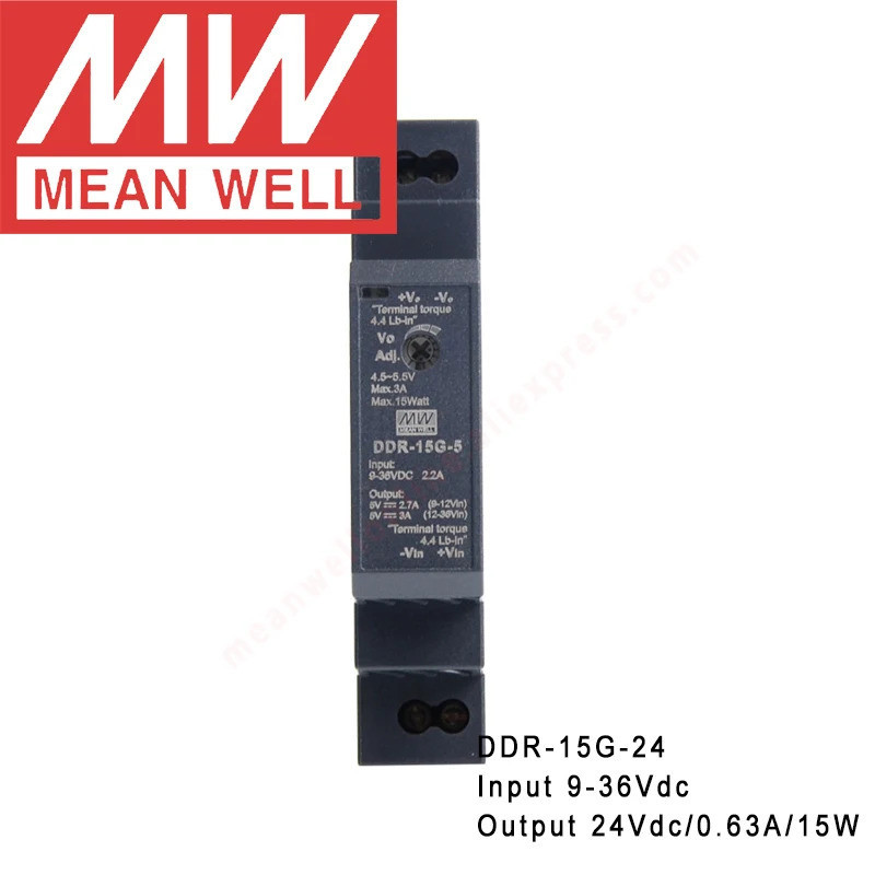 Original Mean Well DDR-15G-24 Din Rail ประเภท DC-DC Converter หมายถึงwell 24 V/0.63A/15W DC to DC Po