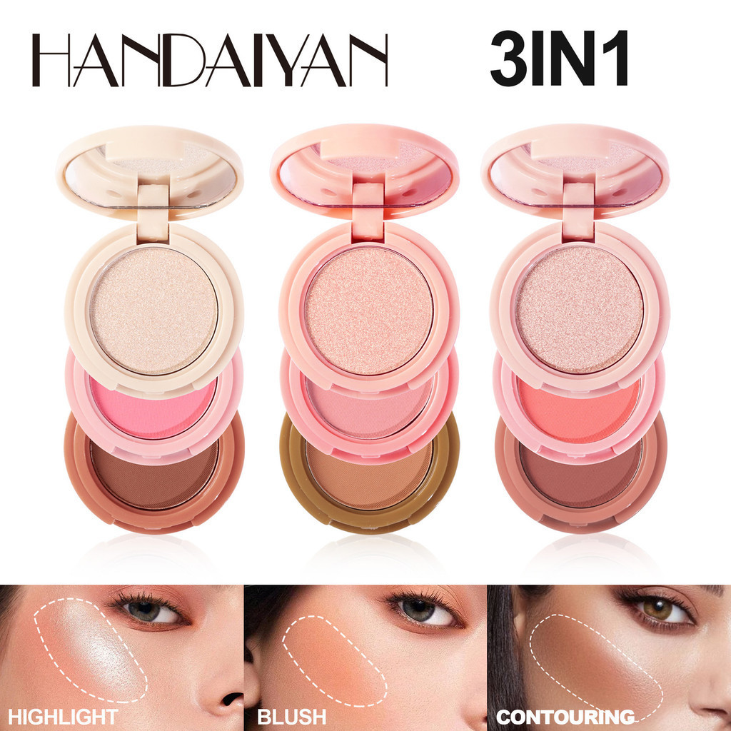 ใหม่ High Gloss Blush Contouring 3-in-1 All-in-One แผ่นสามชั้นแต่งหน้ามินิแบบพกพา Multi-Function แผ่นแต่งหน้า
