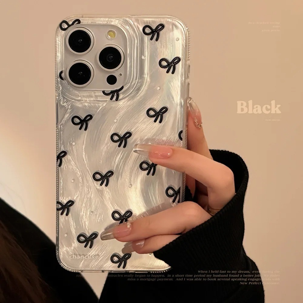 กรณีเข้ากันได้สําหรับiphone 16 15 14 13 12 11 Pro Max XR X XS Max 7 8 14 15 Plus SE 2020 Bow Knotหรูหราเงินขนนกเส้นด้ายเลเซอร์กรณี