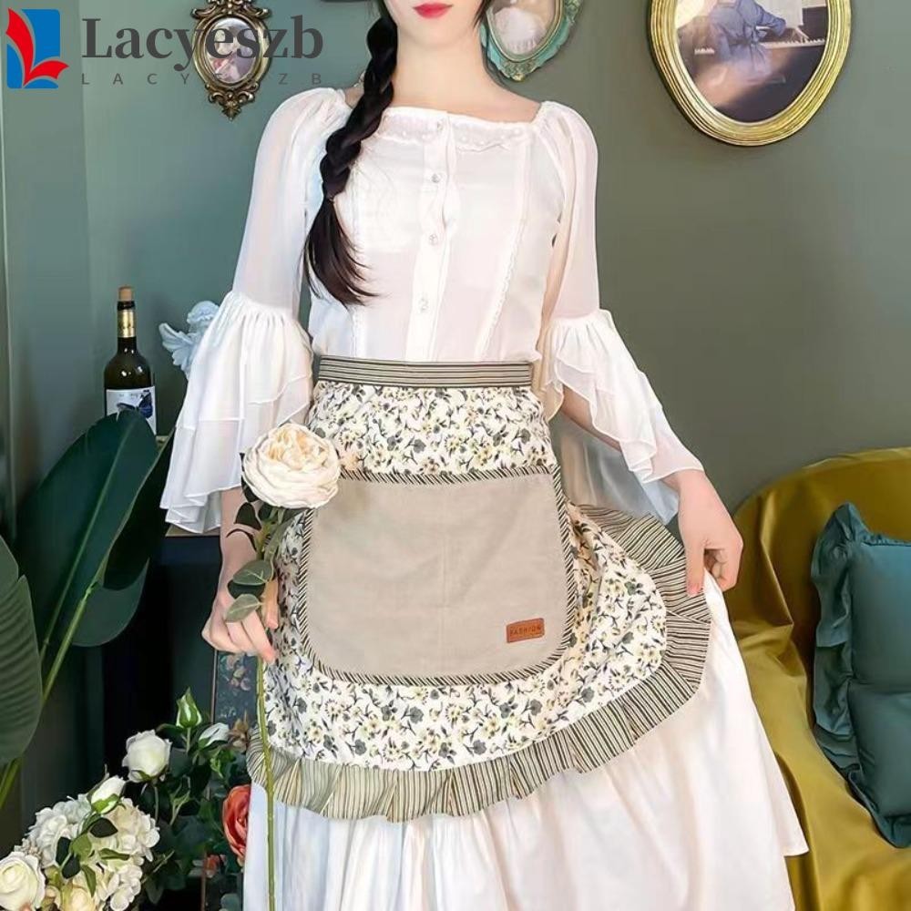 แลคเยสซบ ผ้ากันเปื้อนเอวลายดอกไม้ผ้ากันเปื้อนครึ่งตัวสไตล์เกาหลีที่สวยหรูทนทานโพลีเอสเตอร์คราบทนด้วยกระเป๋าผ้ากันเปื้อนทําอาหารผู