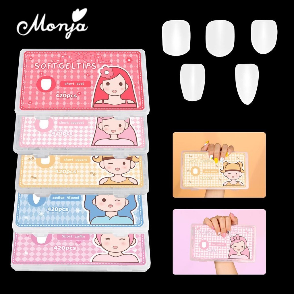 Monja 420 ชิ้น Matte เล็บปลอมสั้นปลอมอัลมอนด์ คลุมทั้งหมดเล็บเทียมเคล็ดลับ Extension เครื่องมือ