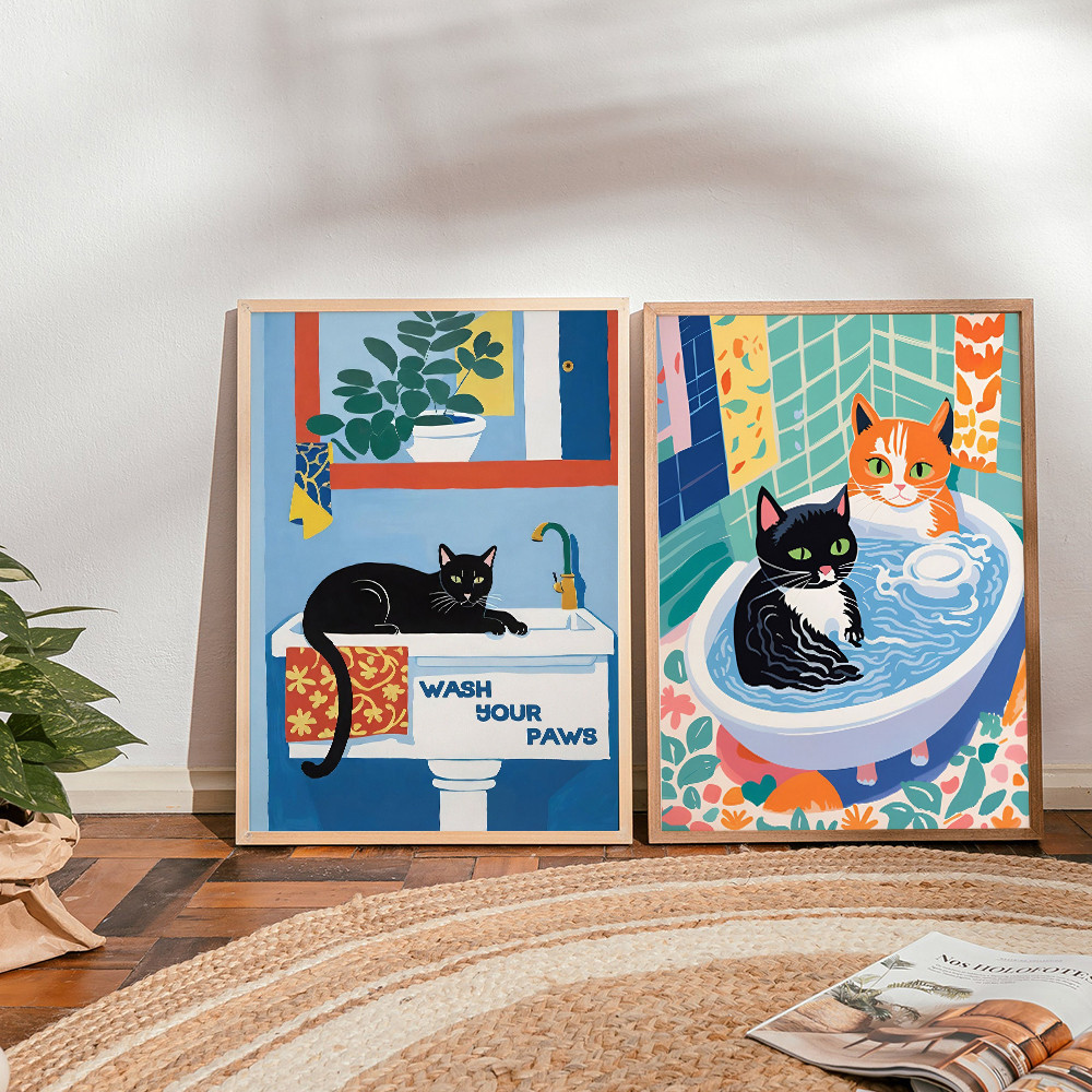 Wash Your Paws โปสเตอร์แมวสีสันและ Whimsical ห้องน้ํา Feline Wall Art สําหรับคนรักแมวพิมพ์ที่ไม่ซ้ํากัน Y2k Apartment Home Decor