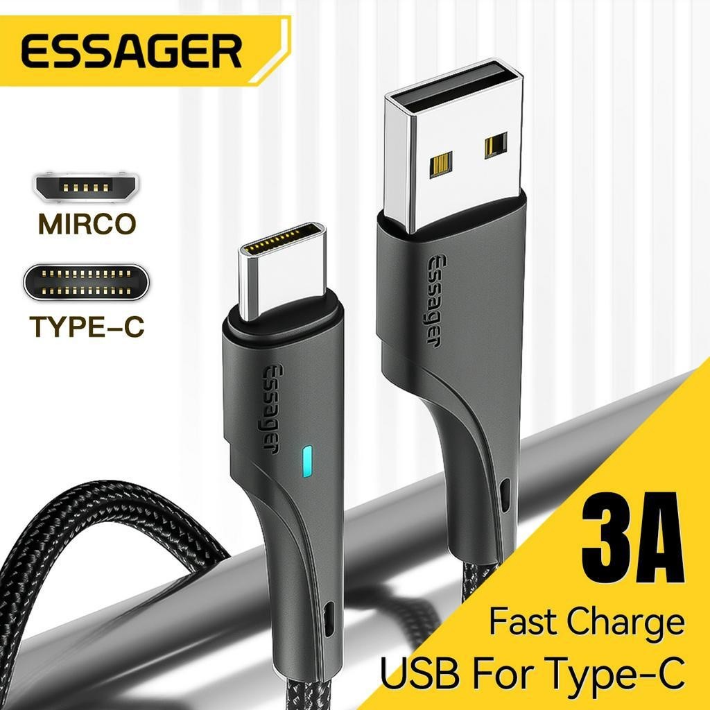 Essager 2 in 1 สายชาร์จ Type C Micro iP usb 3A 2 ม. 3 ม. ชาร์จเร็ว สําหรับ Android โทรศัพท์มือถือ Type C
