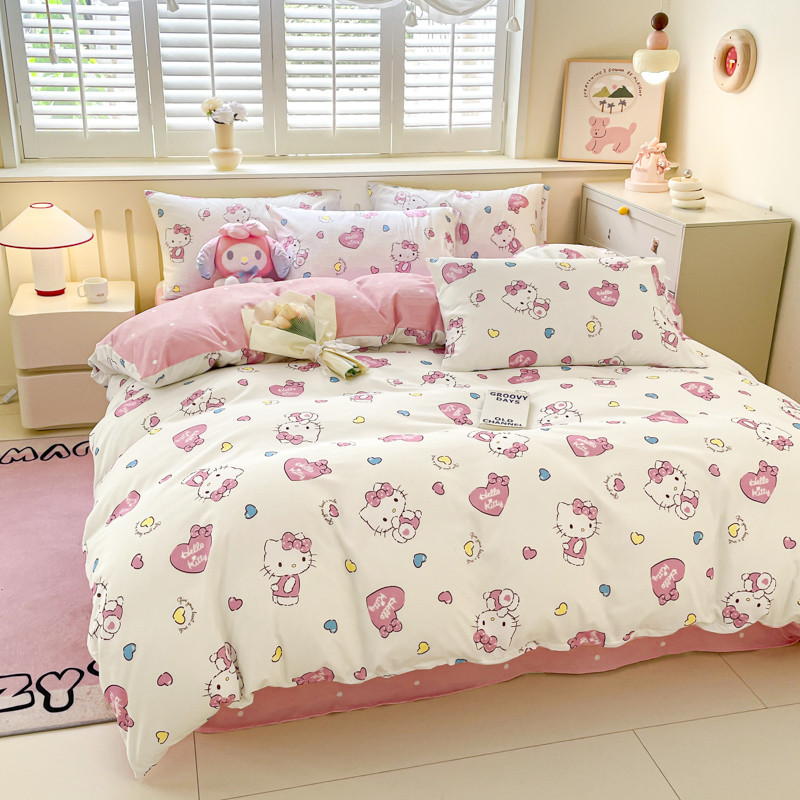 ชุดเครื่องนอนลายการ์ตูน Sanrio 3–4 ชิ้น Hello Kitty Kuromi Cinnamoroll My Melody ผ้าฝ้ายซัก สำหรับเตียง 3.5–6.5 ฟุต