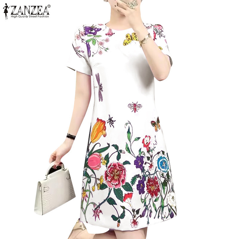 ZANZEA ซานเซีย ชุดเดรสแขนสั้นคอกลมแขนสั้นพิมพ์ลายลายดอกไม้แฟชั่นสตรี