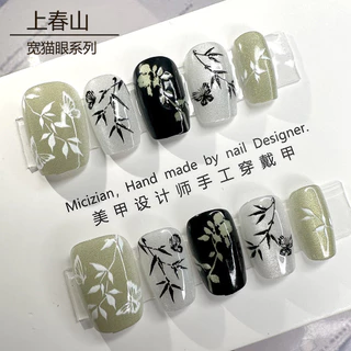 10 ชิ้น/เซ็ต Handmade ชุดเล็บปลอมพร้อมกาว Cat Eye เล็บปลอม