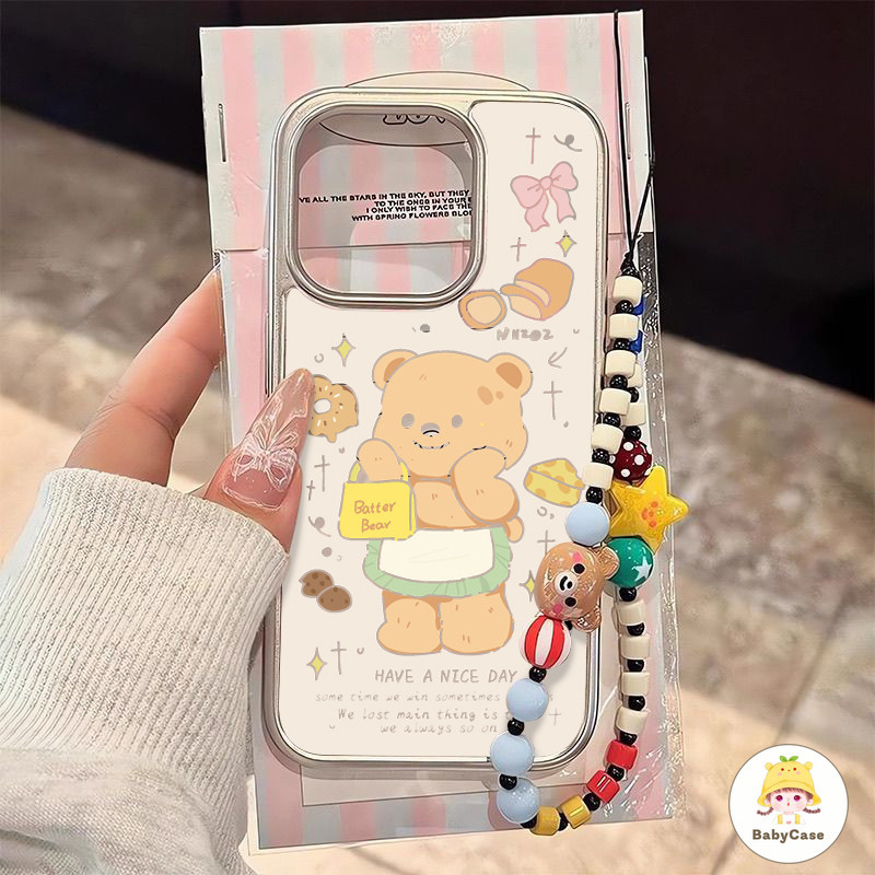 เทรนด์น่ารัก บัตเตอร์แบร์ โบว์ดาว สร้อยข้อมือกรอบไฟฟ้า เคส IPhone 16 11 13 15 14 12 Pro Max 14 7 8 Plus X XS XR MAX SE
