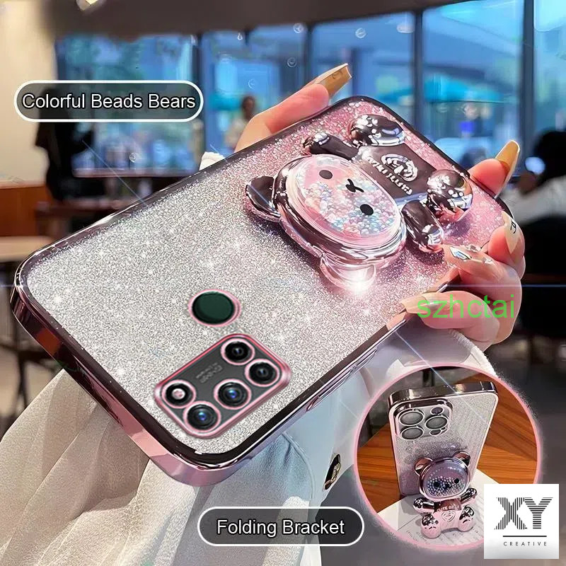 เคสโทรศัพท์ Realme c17 7i c11 c20 c11 2021 5 5I 5S C3 5Pro C21Y C25Y 8i วงเล็บหมุน 360 °เคสโทรศัพท์บรรเทาความเครียดที่มีสีสันลูกปัดหมีขาตั้งพับ เปลือกอ่อน เคส Realme c17 7i c11 c20 c11 2021 5 5I 5S C3 5Pro C21Y C25Y 8i