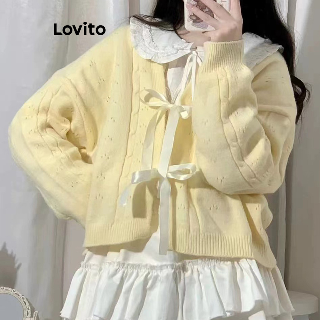 Lovito เสื้อคาร์ดิแกนลูกไม้ธรรมดาน่ารักสำหรับผู้หญิง LNA72097