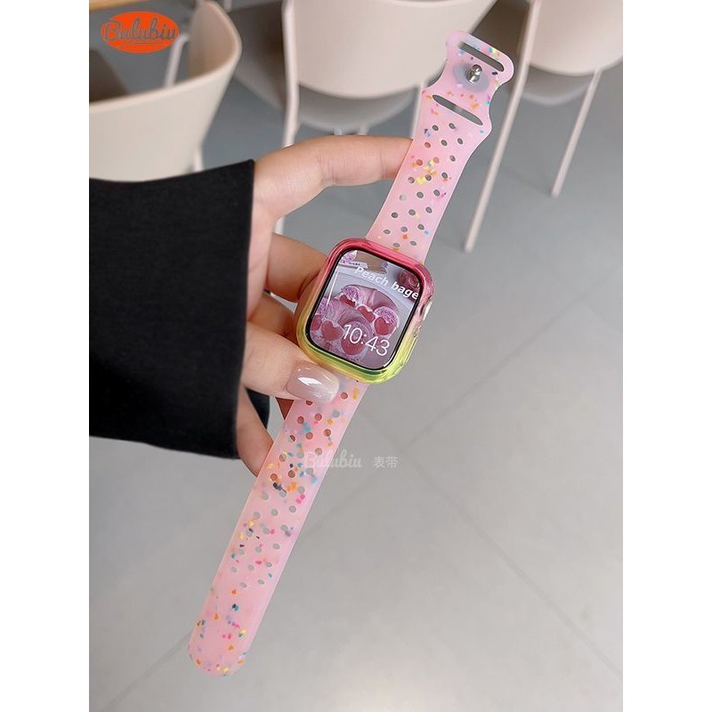 สายรัดซิลิโคนลายจุดสีโปร่งใสพร้อมเคสไล่ระดับ987se เหมาะสำหรับใช้กับ Apple applewatch หญิง