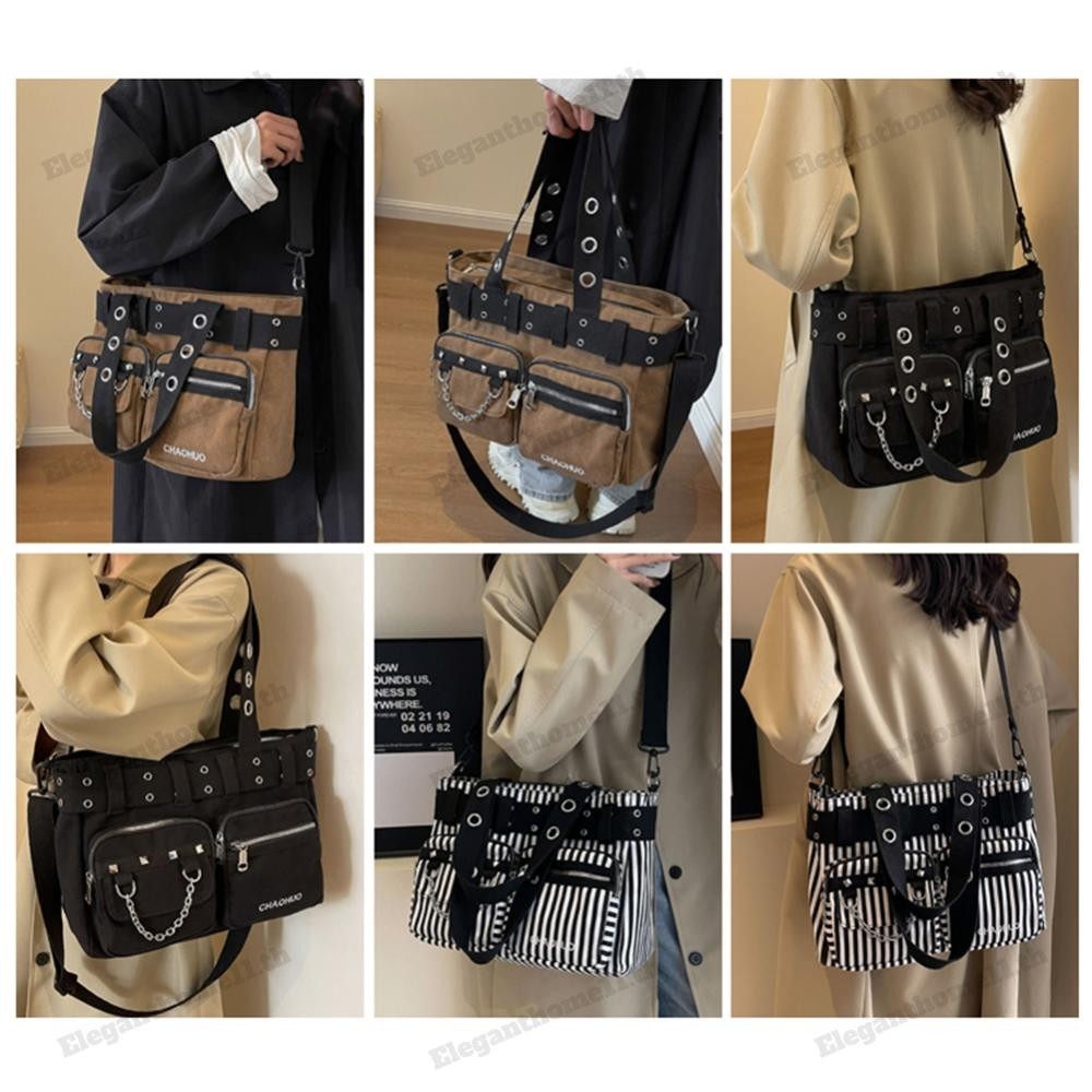 ผู้หญิง Gothic Satchel กระเป๋าพร้อมโซ่ผ้าใบ Rivet Tote กระเป๋าถือหญิงกระเป๋ากลางแจ้ง