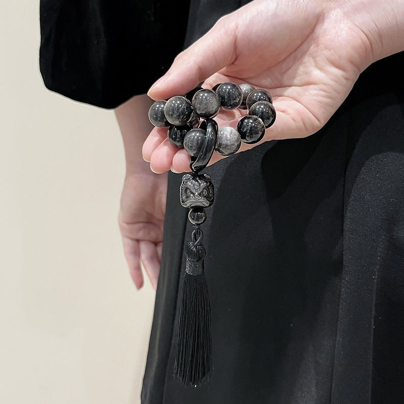 Wsanguisp3949 ธรรมชาติสิบแปดลูกปัด Obsidian Lion Awakening สร้อยข้อมือมือถือสร้อยข้อมือ Hanfu อุปกรณ์เสริมพู่นุ่มรอบนิ้ว