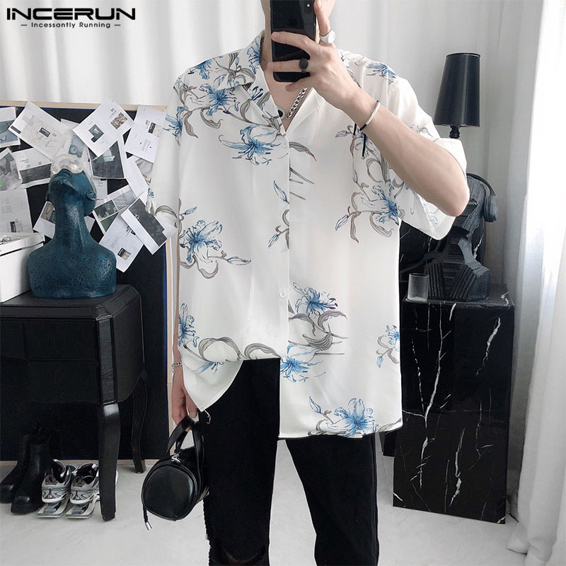 ไม่แน่นอน ผู้ชายเกาหลีลําลองพรีเมี่ยมหลวมแขนสั้นการออกแบบการพิมพ์เสื้อ