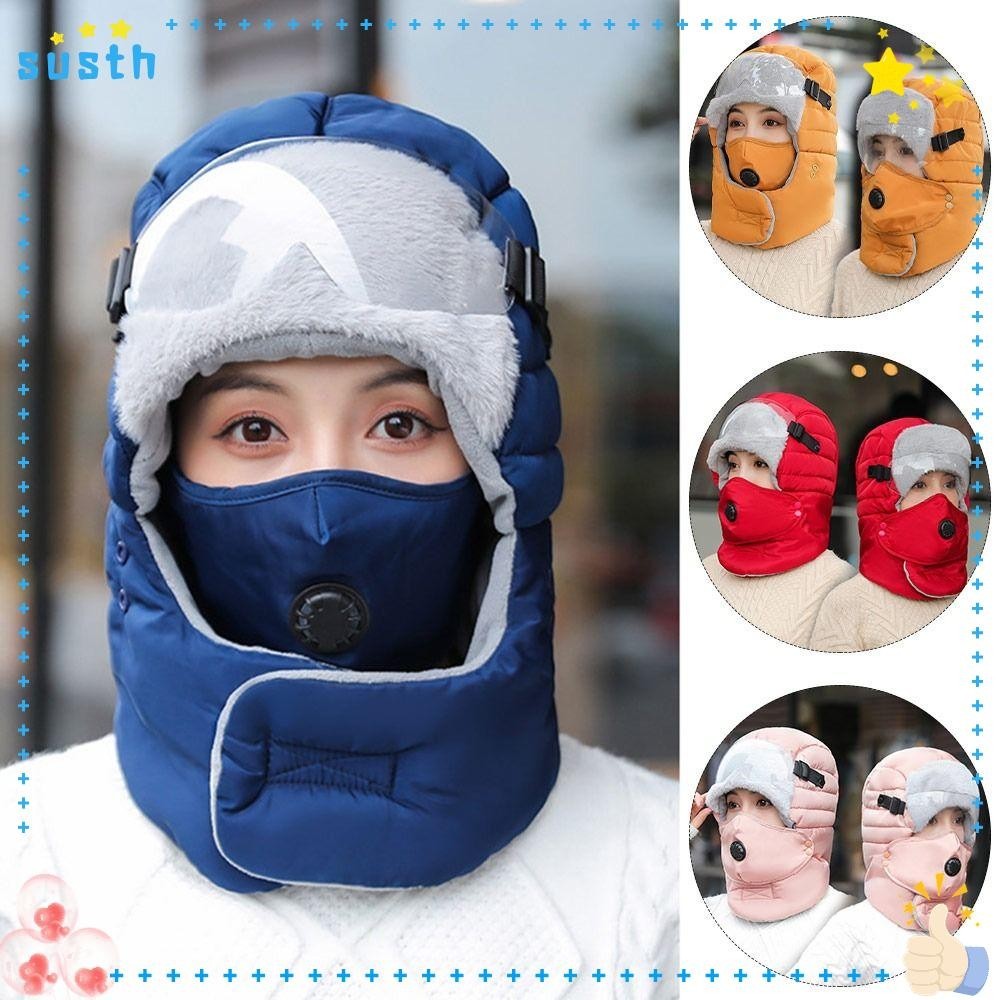 Susth หมวกขี่จักรยาน,พร้อมแว่นตาป้องกันหมอก Thicken Plush ความร้อน Traapper หมวก,เย็นป้องกันเย็น Windproof Beanies ฤดูหนาว Warm