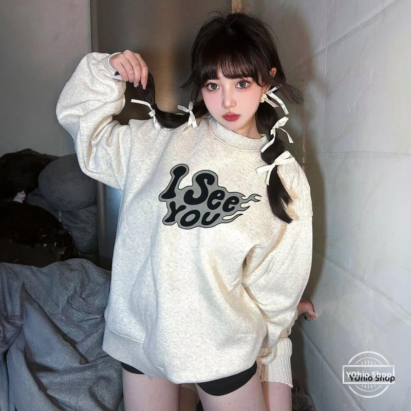 เสื้อฮู้ดคอกลมทรงหลวมแฟชั่นไซส์ใหญ่สําหรับผู้หญิง
