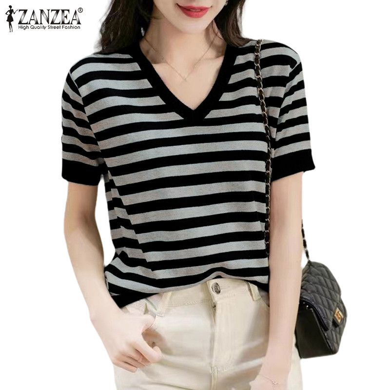 ZANZEA ใส่ ซานเซีย ผู้หญิงเกาหลีลําลองคอวีแขนสั้นแถบแฟชั่นเสื้อยืด