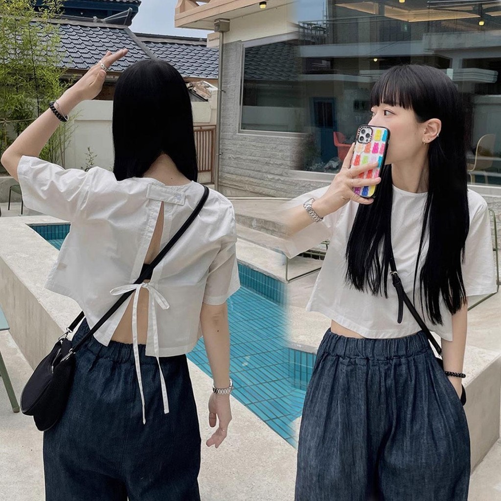 Dahong W447 เสื้อแฟชั่นผู้หญิงน่ารักเกาหลี คอกลมสำ เสื้อครอป ผูกหลัง เวอร์ชั่นเกาหลี