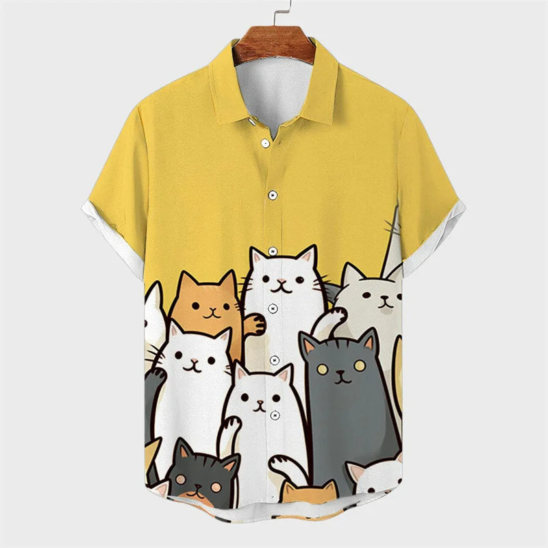 3d พิมพ์แมวน่ารักเสื้อฮาวายสําหรับชายการ์ตูนสัตว์รูปแบบเสื้อวันหยุดฤดูร้อน Aloha เสื้อ Street Lapel แขนสั้น