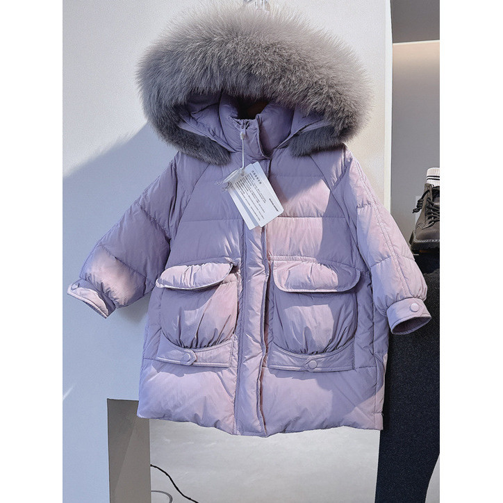 Girls Big Fur Collar เบาะเสื้อผ้าฤดูหนาวความยาวกลางหนาเสื้ออบอุ่นสีม่วงสไตล์เจ้าหญิง Cold-Proo