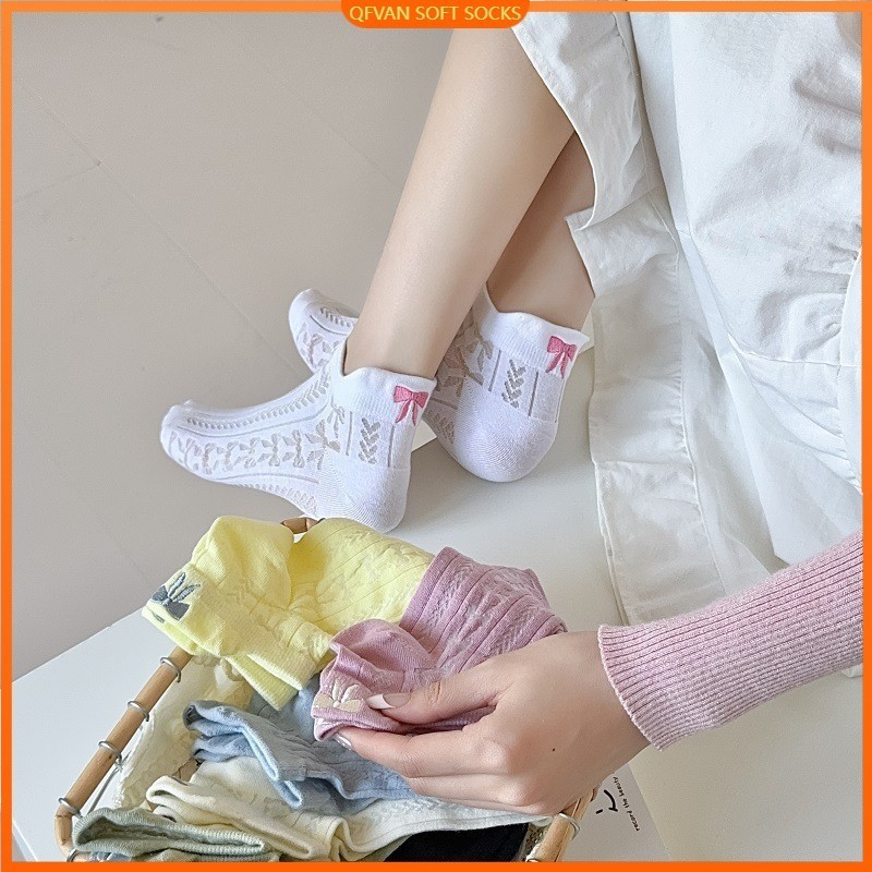 ผู้หญิงโบว์ปักถุงเท้าเรือผ้าฝ้ายบางInsถุงเท้าผู้หญิงHarajukuน่ารักสบายๆBreathable