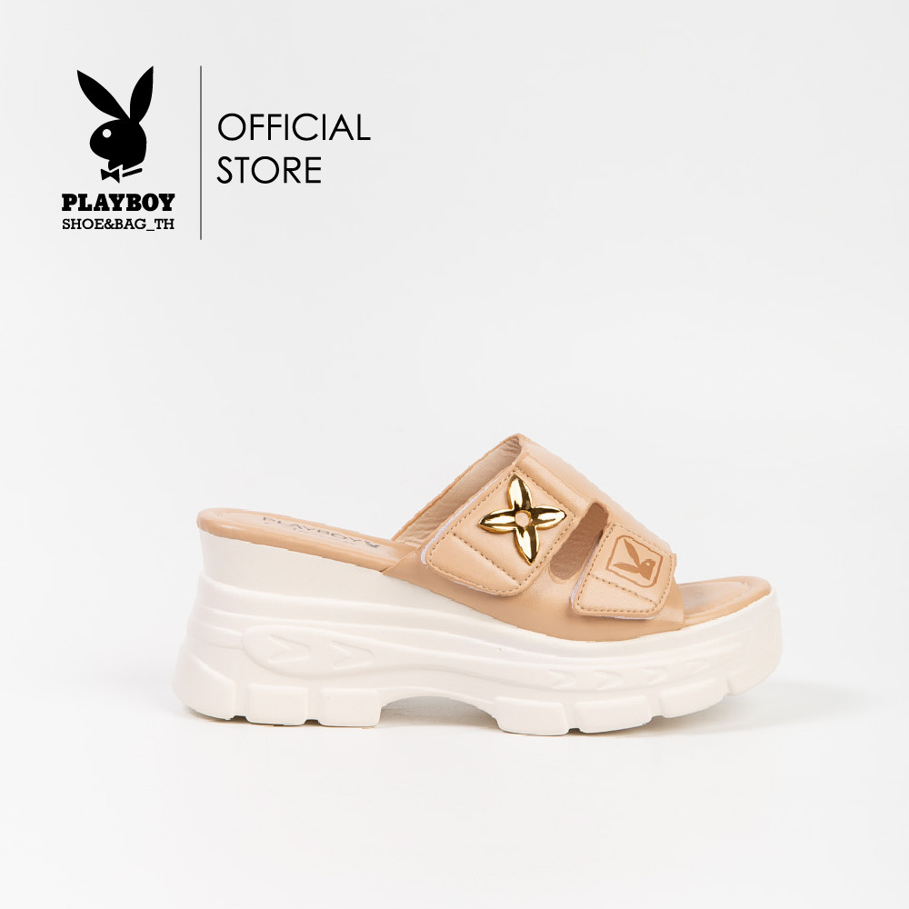 Playboy รองเท้าส้นสูง ลิขสิทธิ์แท้ รุ่น ST-H242C1170 ดีไซน์ส้นตันแต่งอะไหล่ดอกไม้ใหญ่ มี 2 สี สีขาวและสีน้ำตาล