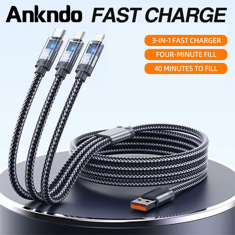 Ankndo 3 in 1 สาย USB Fast Charging Micro USB Type C Lightning Cable สําหรับ Samsung Xiaomi Huawei POCO
