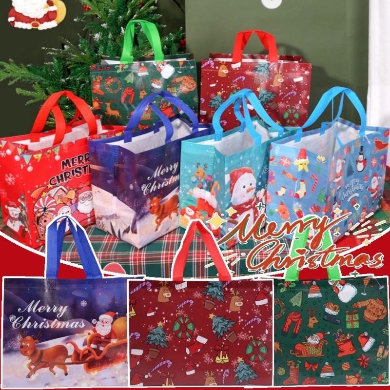 ถุงของขวัญผ้าไม่ทอคริสต์มาส-ซานตาคลอสมนุษย์หิมะกระเป๋าถือ-ปีใหม่ถุงสิริ-ถุงบรรจุภัณฑ์ของขวัญลูกอม-ความจุขนาดใหญ่พับถุงช้อปปิ้ง-ตกแต่งบ้านโลภ