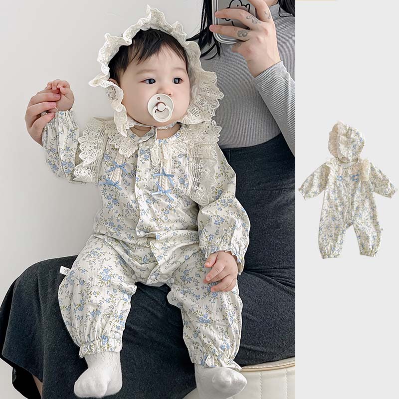 【Gift A Hat】Baby Girl Romper บางแขนยาว Jumpsuit Blue Floral Fragments หวานเสื้อผ้าเด็ก 0-24 เดือน